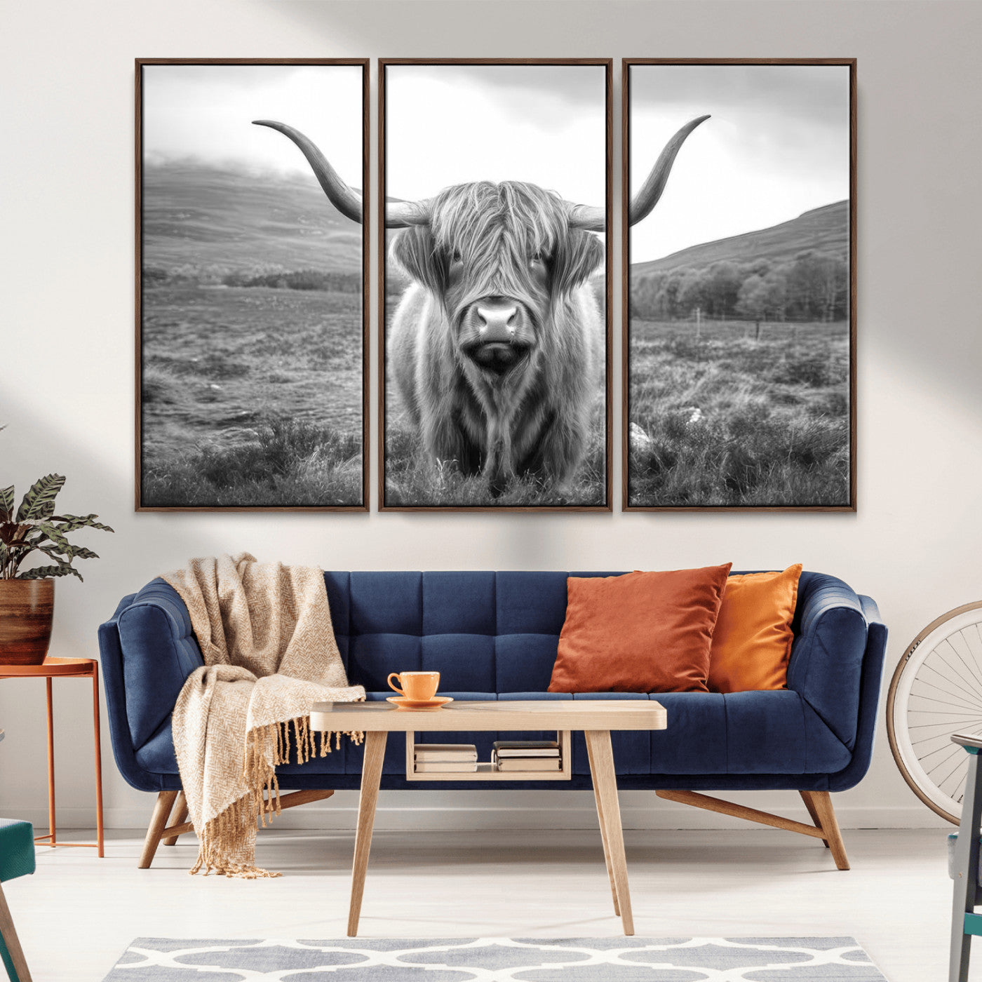 -Black White Scottish Highland Cow Canvas Farm Wall Art Canvas Print Rustic Animal Art for Home, Office Decor