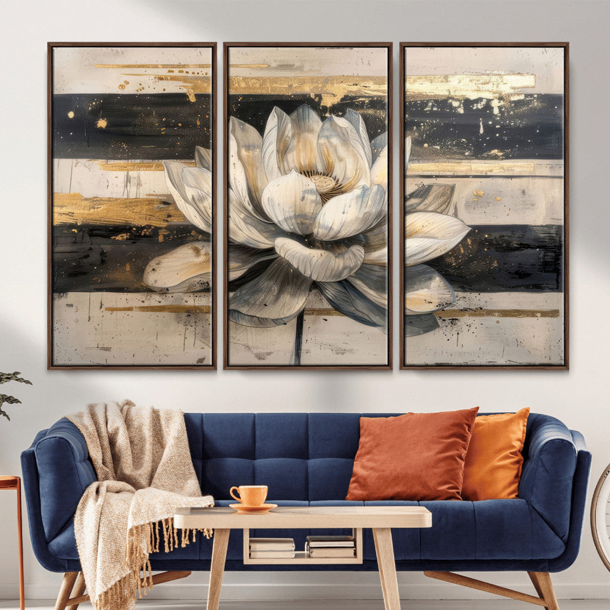 MGV-FC-48X32-3P - Lotus Flower Wall Art Canvas Print, Framed Abstract Lotus Art Picture Print, White Lotus Flower Perfect Abstract Floral Decor Artwork