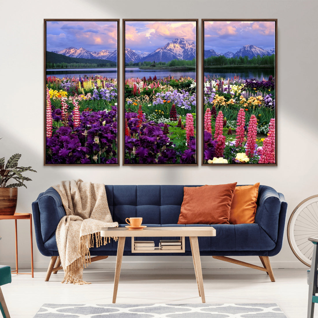 Vibrant Wildflower Garden and Mountain View Giclee Canvas Print, Floral Wall Art for Living Room