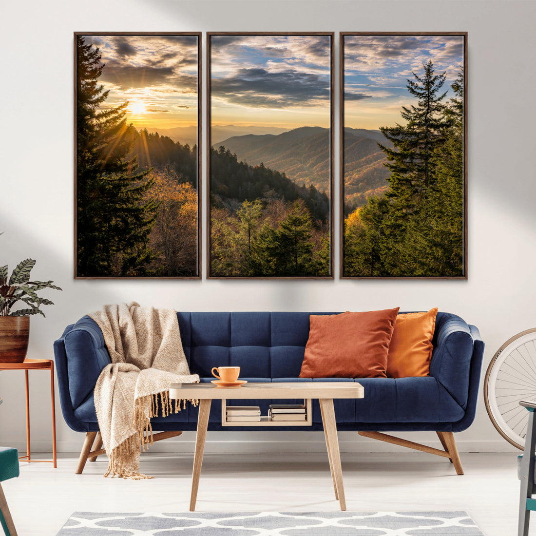Sunrise Over the Smoky Mountains Canvas Wall Art | Scenic Landscape Photography Triptych