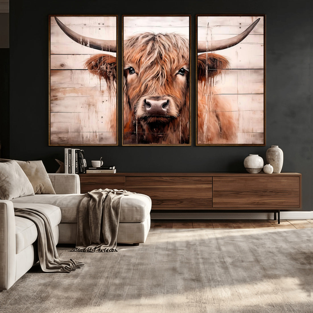 Vintage Scottish Highland Cow Cattle Art Print Farmhouse Wall Art Canvas Print