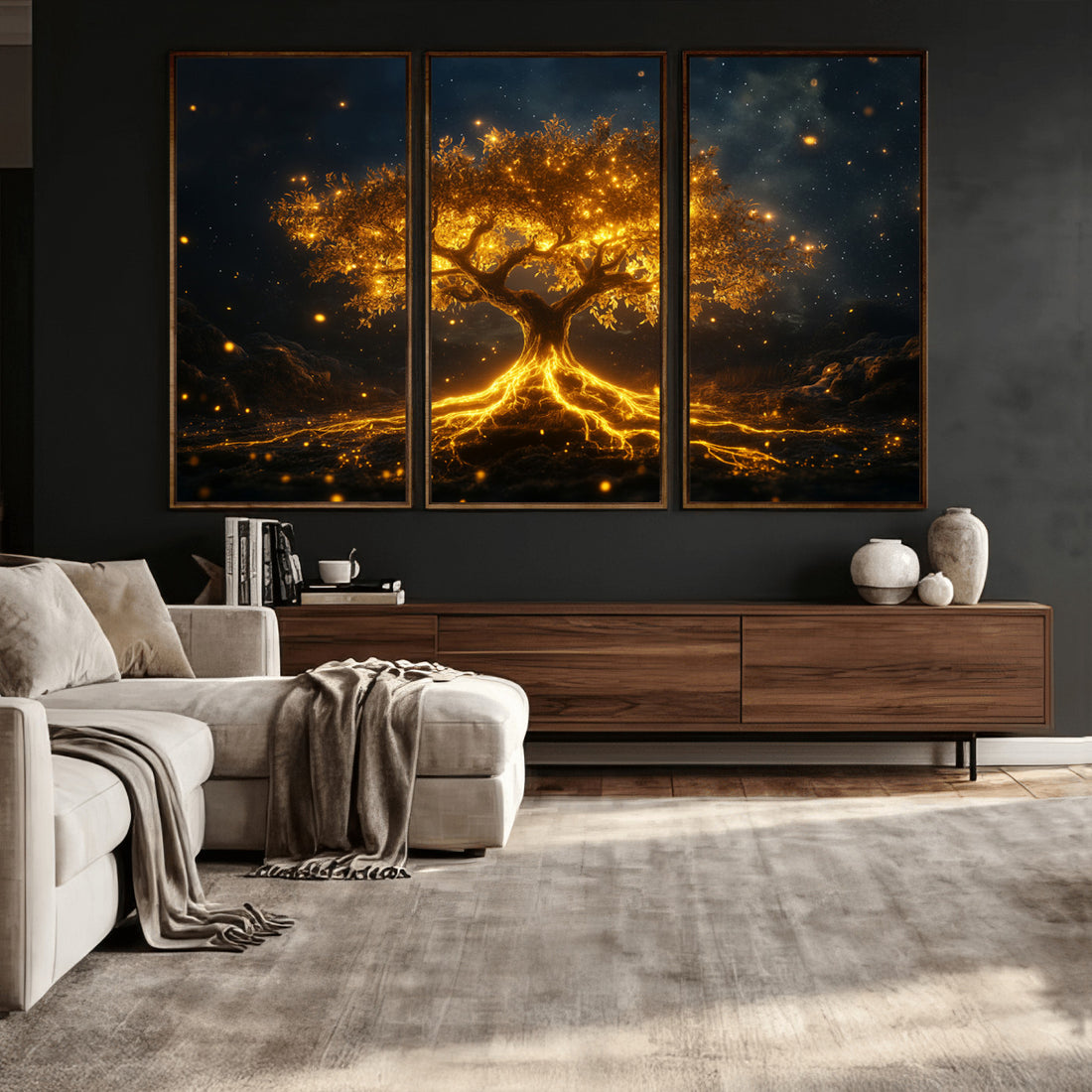 Golden Tree of Life Canvas Wall Art Print, Majestic Glowing Tree Design, Nature Inspired Wall Decor