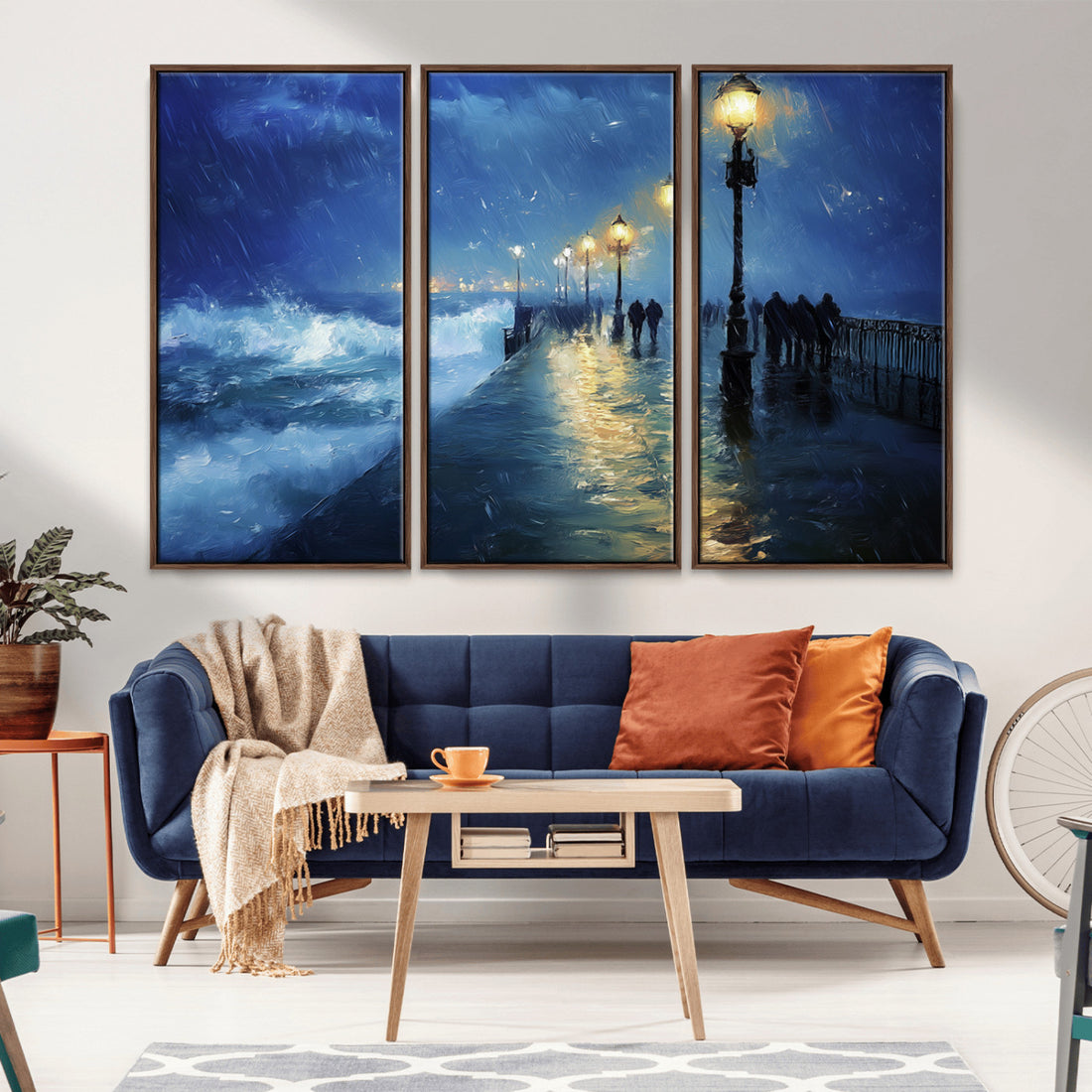 Storm Ocean Pier Canvas Wall Art Print, Large Moody Night Scene, Modern Seaside Wall Decor