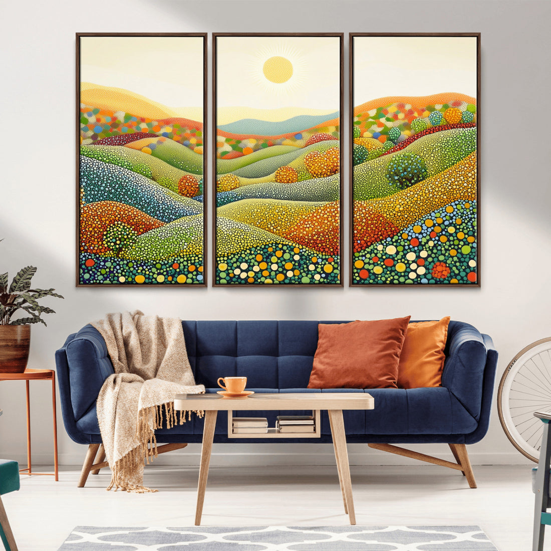 YAYOI KUSAMA Colorful Dot Art Landscape Canvas - Framed Abstract Pointillism with Rolling Hills and Sun
