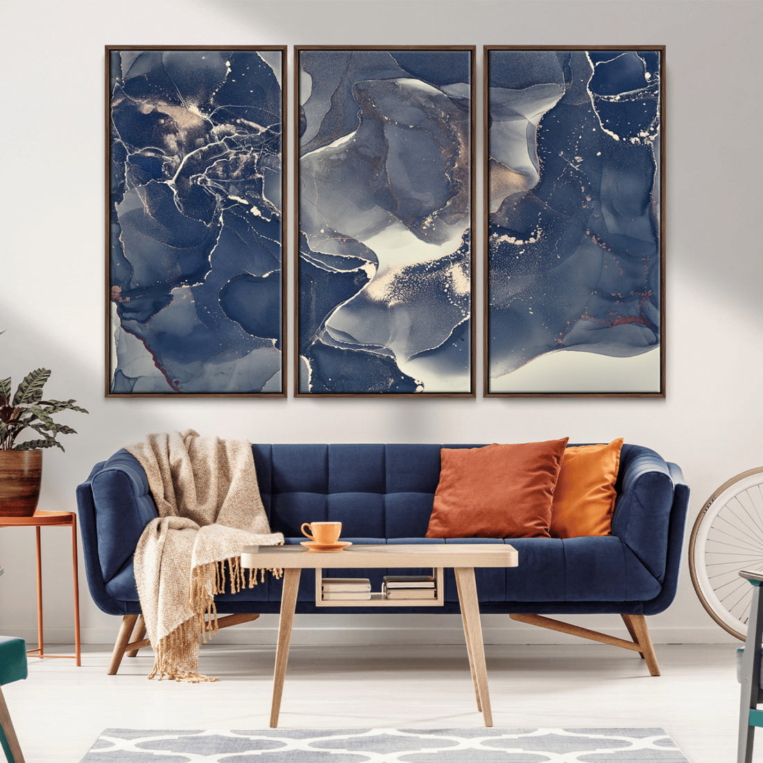 Large Abstract Blue and Gold Canvas Wall Art, Fluid Ink Artwork Print, Luxury Wall Decor