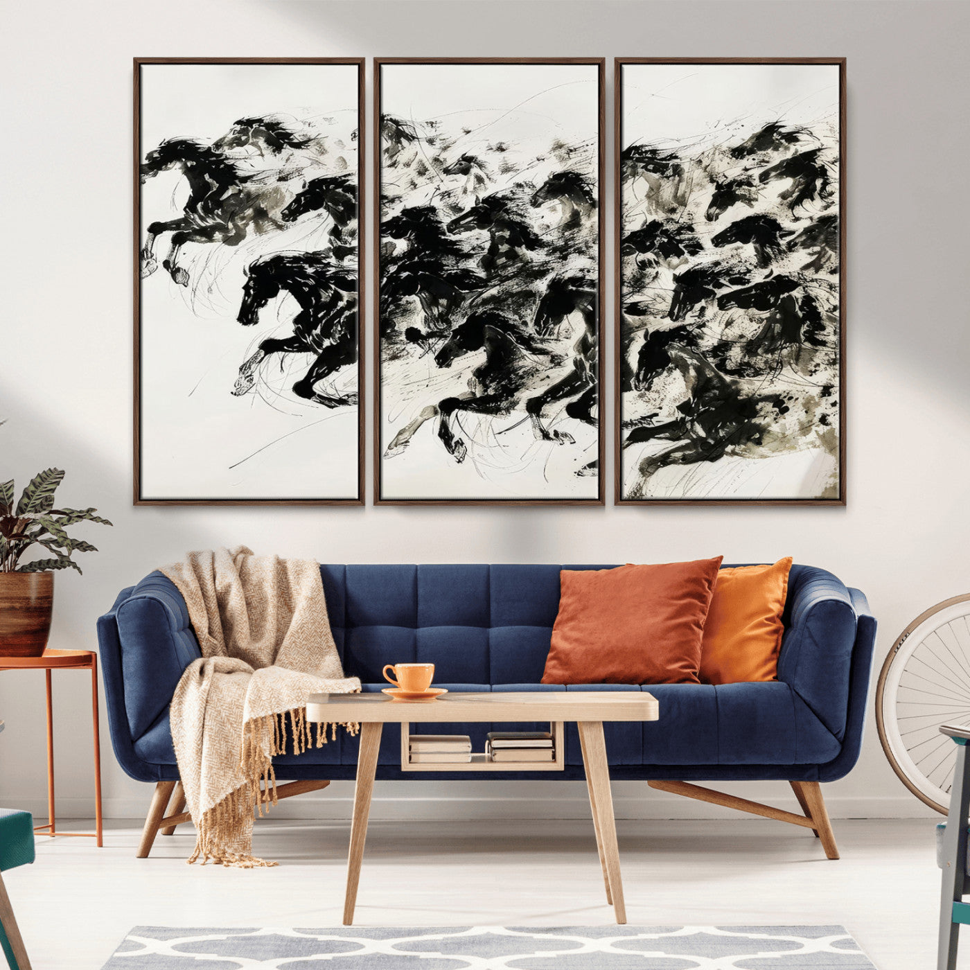 MGV-FC-48X32-3P - Abstract Horse Wall Art Canvas Print - Dynamic Black Ink Horse Print - Modern Equine Wall Decor for