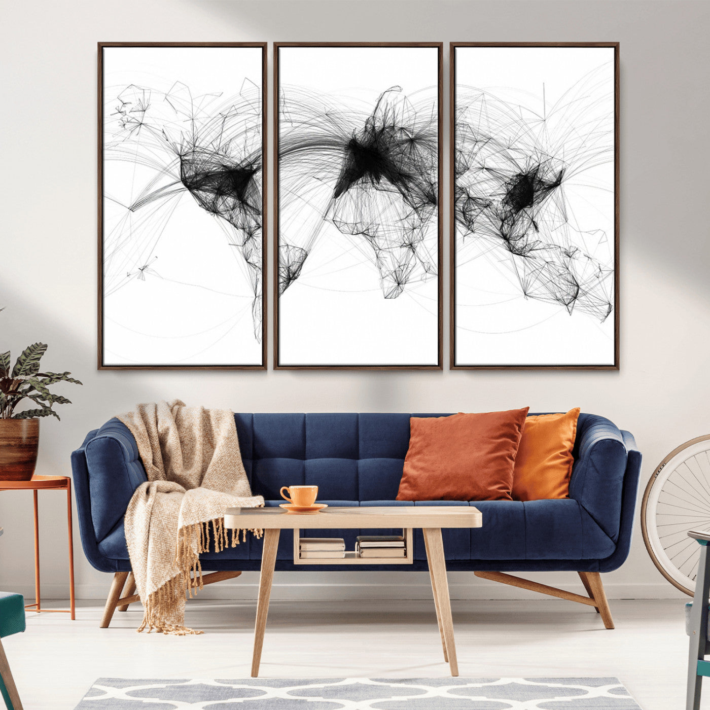 50136-MGV-CV-36X24-Abstract World Map Wall Art – Framed Geometric Line Canvas Artwork, Modern Global Design, Contemporary Decor for Home, Office