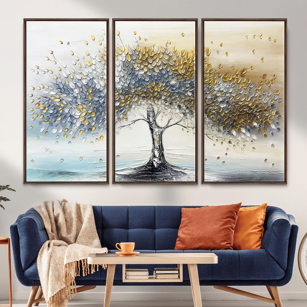 MGV-FC-48X32-3P - Golden & Silver Tree of Life Wall Art – Canvas Print with Whimsical Leaves Elegant Nature Design, Decorative Home, Office or Guest Room Decor