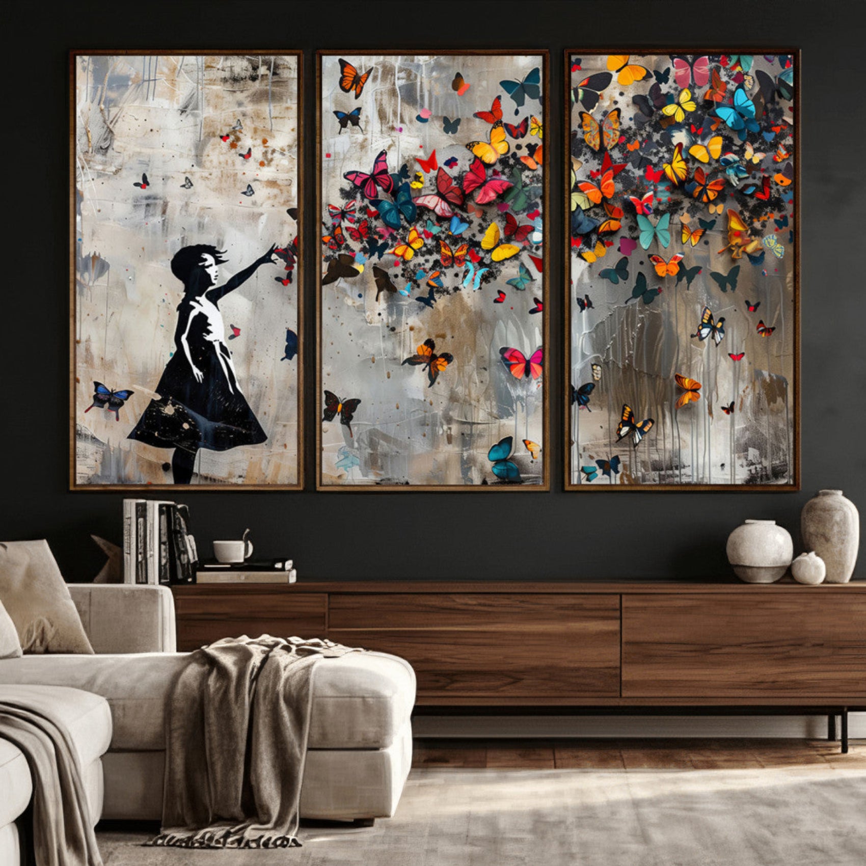 51446-MGV-CV-36X24 - Banksy Butterfly Girl Wall Art | 3-Piece Butterfly Girl Canvas