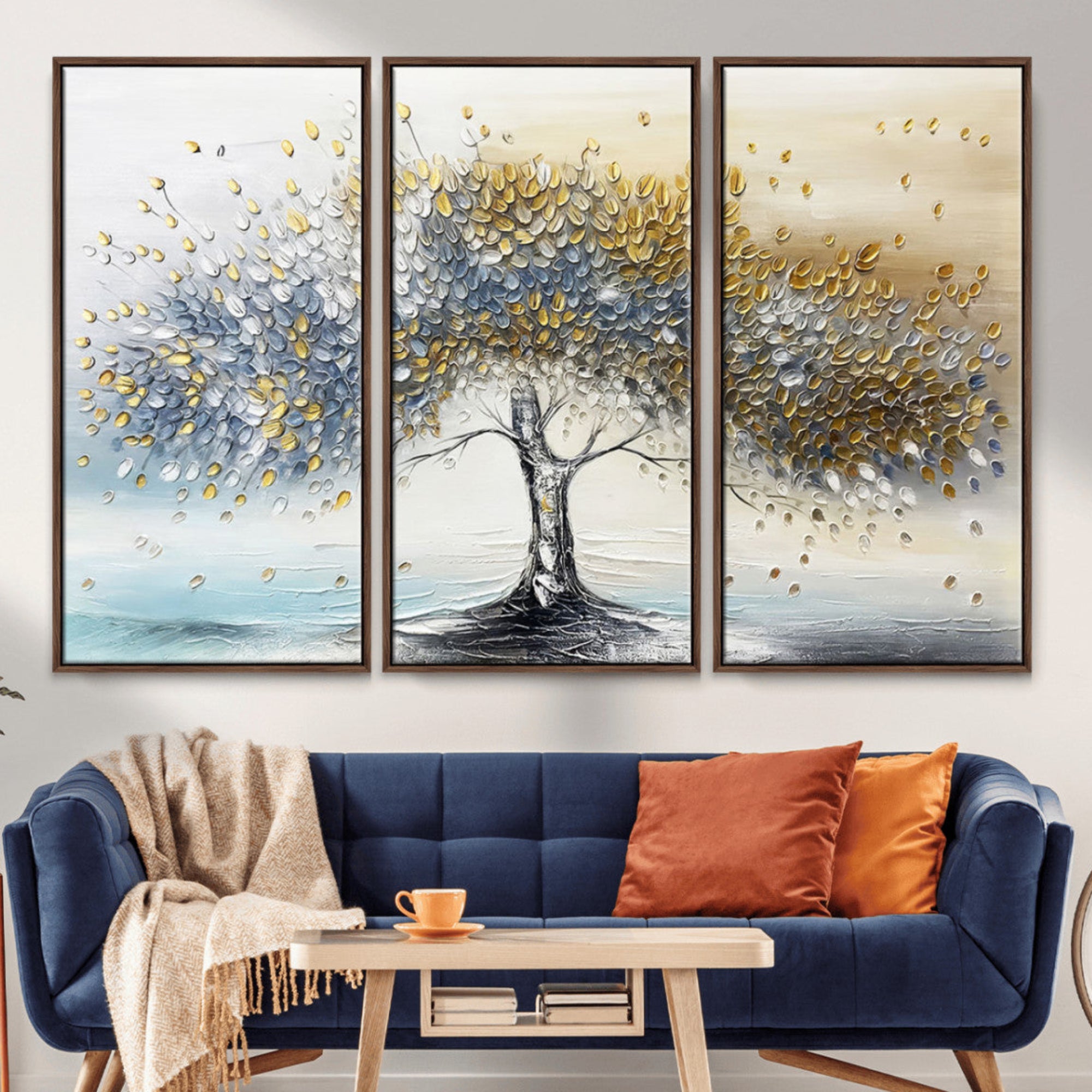 Canvas of a silver and gold textured tree with a soft neutral background, ideal for elegant and minimalist home decor styles.