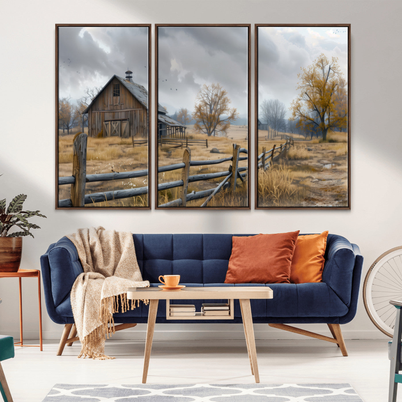Farm1-MGV-CV-36X24-Rustic Autumn Farmhouse Wall Art Canvas Print – Serene Countryside Scene with Weathered Barn and