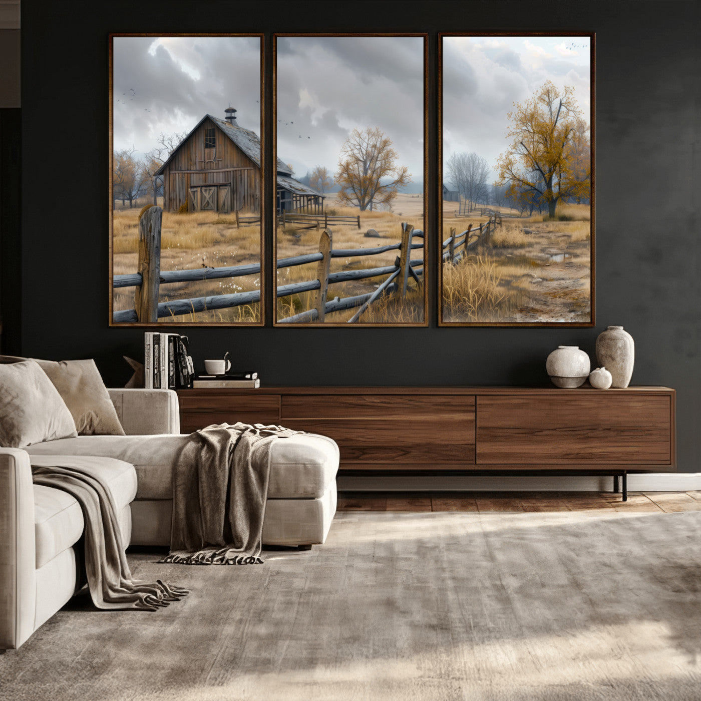 Farm1-MGV-CV-36X24 - Rustic Autumn Farmhouse Wall Art Canvas Print – Serene Countryside Scene with Weathered Barn and