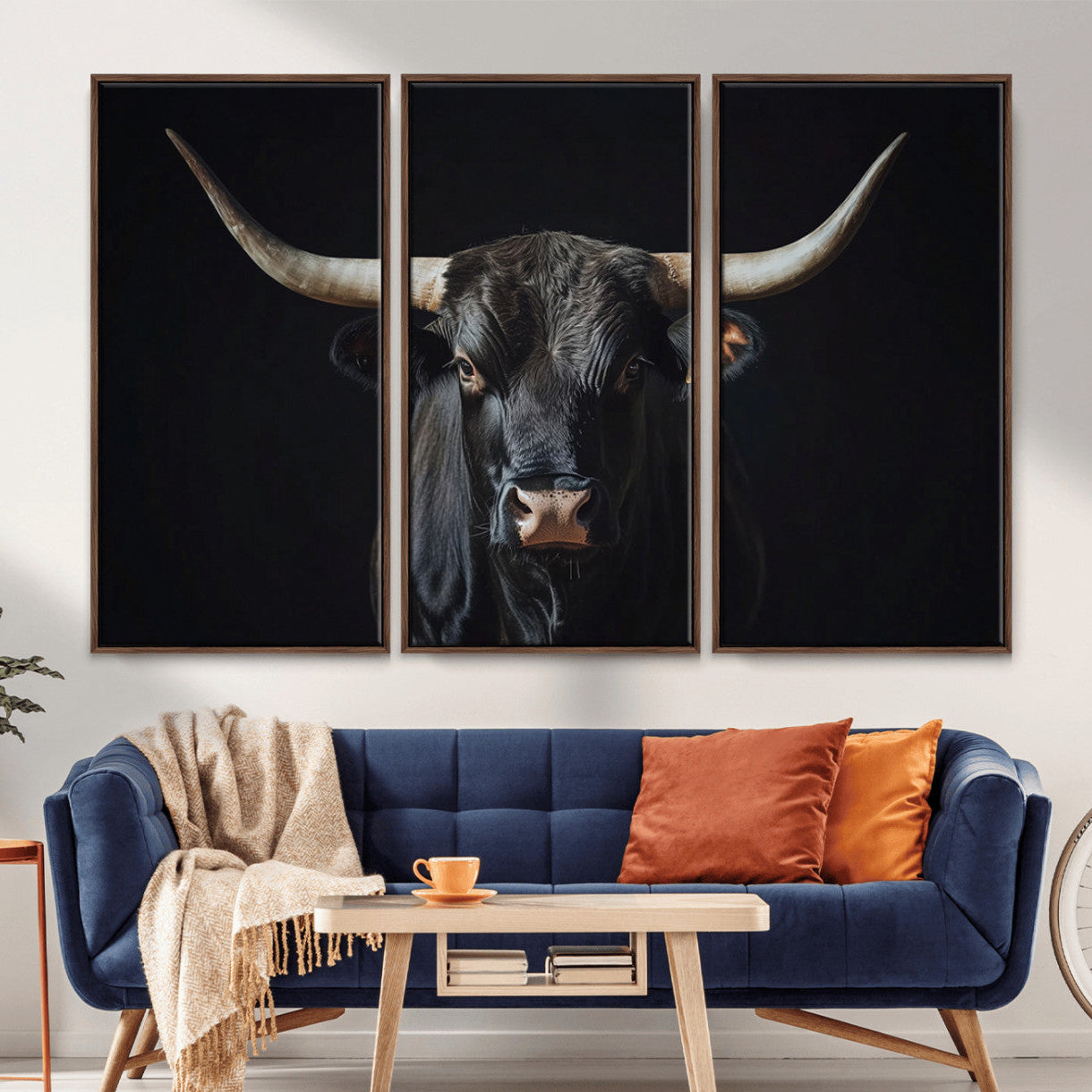 Canvas of a black longhorn bull against a dark background, featuring moody tones and western character for rustic or cowboy-inspired spaces.