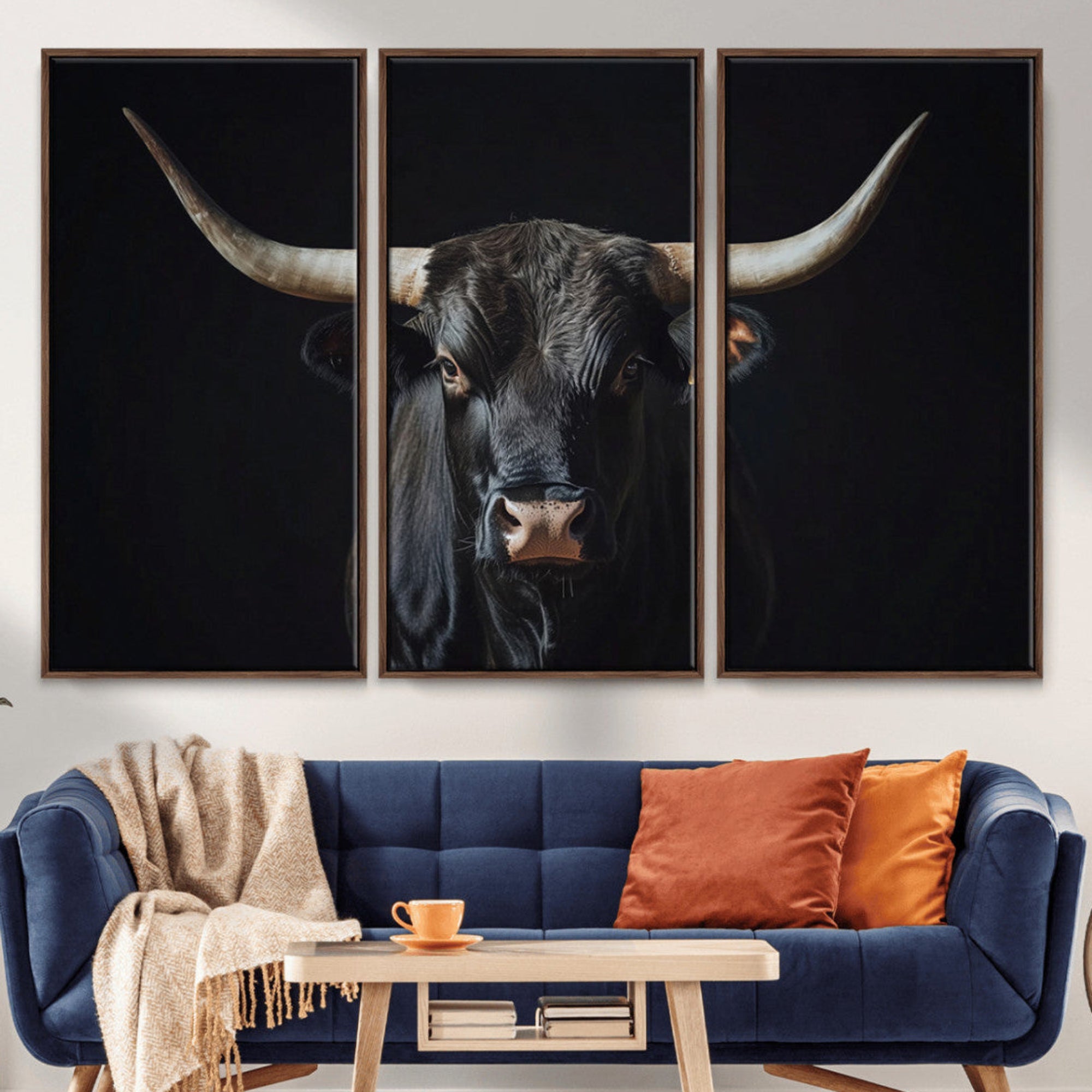 48065167-MGV-CV-36X24-Black Bull Wall Art – Framed Longhorn Canvas Artwork, Western Cattle Design, Rustic Ranch Style Decor for Home, Office