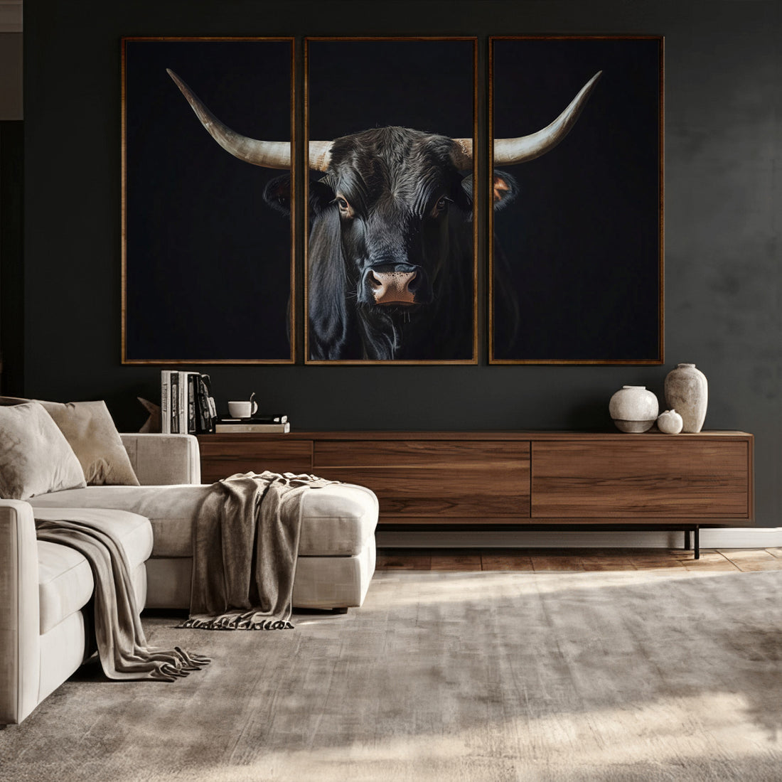 Majestic Longhorn Bull Wall Art Canvas Print | Dark Background Western Portrait
