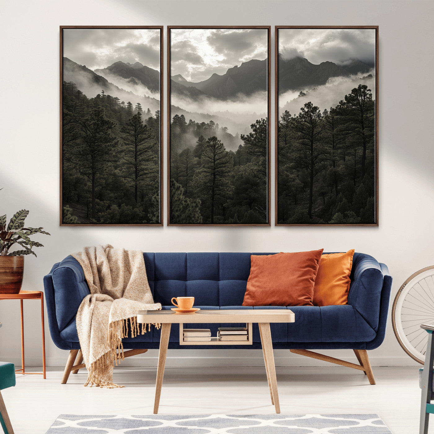 Canvas of moody pine forest and foggy mountain peaks under overcast skies, ideal for calm and rustic woodland-themed home decor.