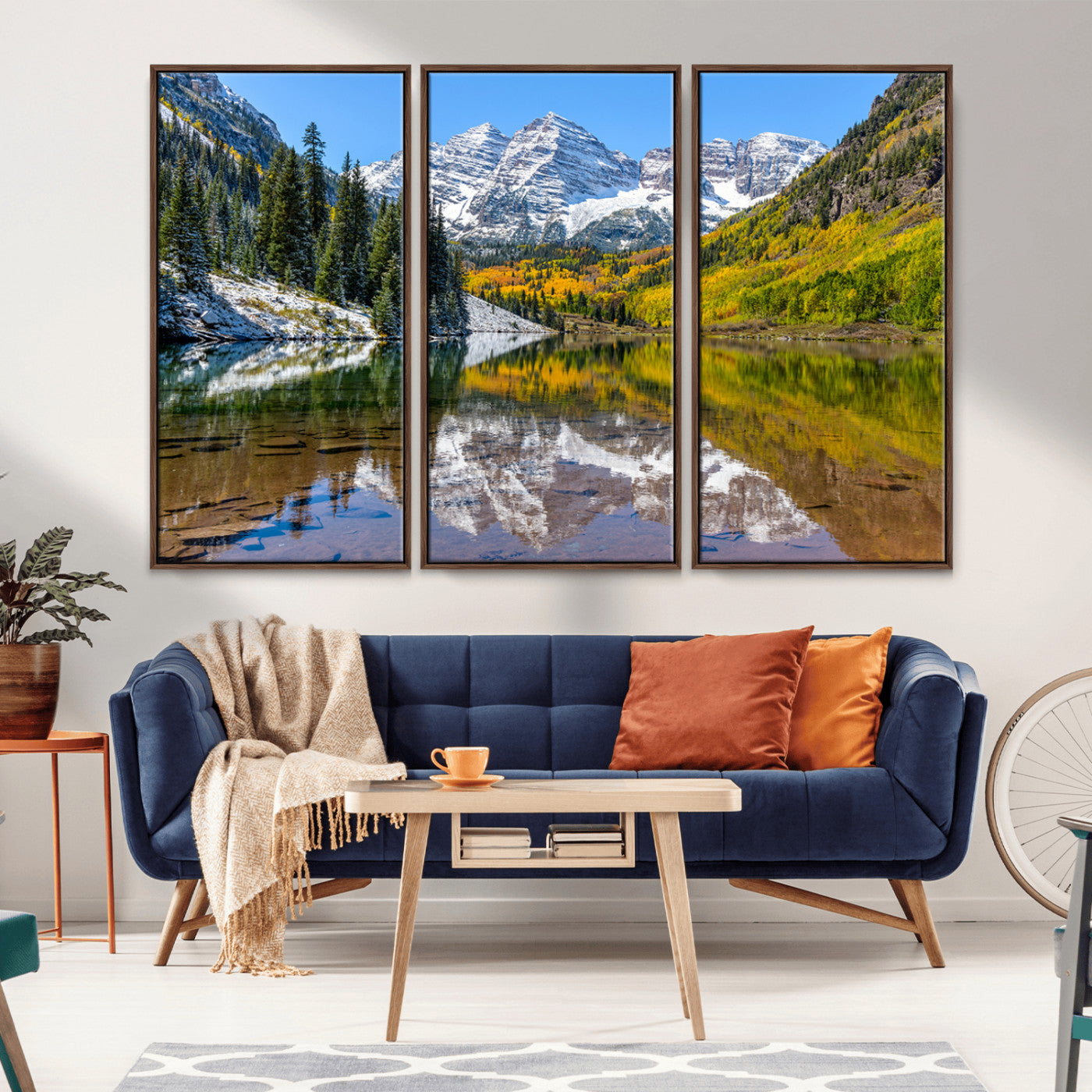 Canvas of Maroon Bells reflected in a clear alpine lake, with golden aspens and snowy peaks, ideal for crisp autumn or mountain-themed decor.