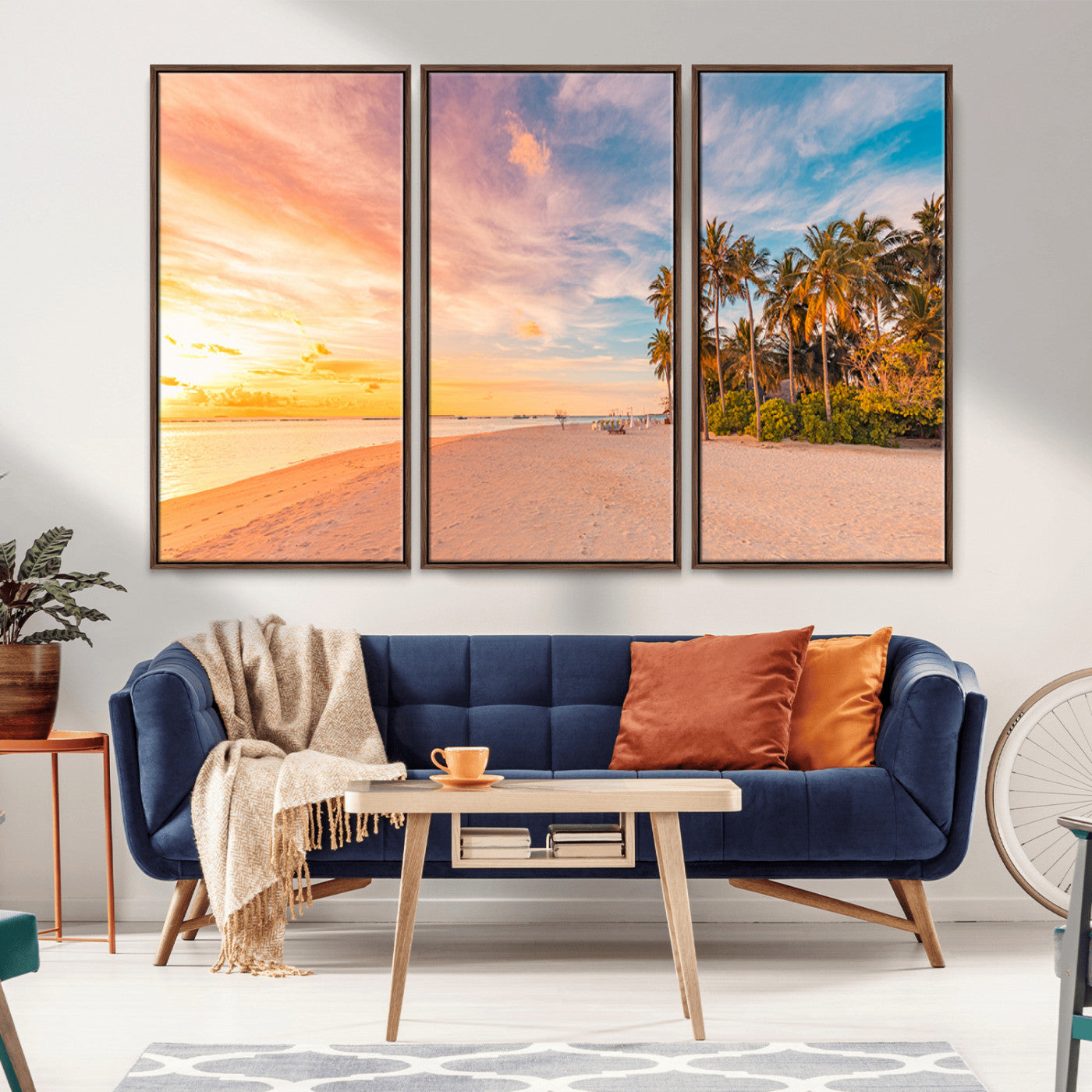 Tropical beach canvas with palm trees and soft sunset tones, ideal for coastal or beach-style home décor in warm pastel hues.