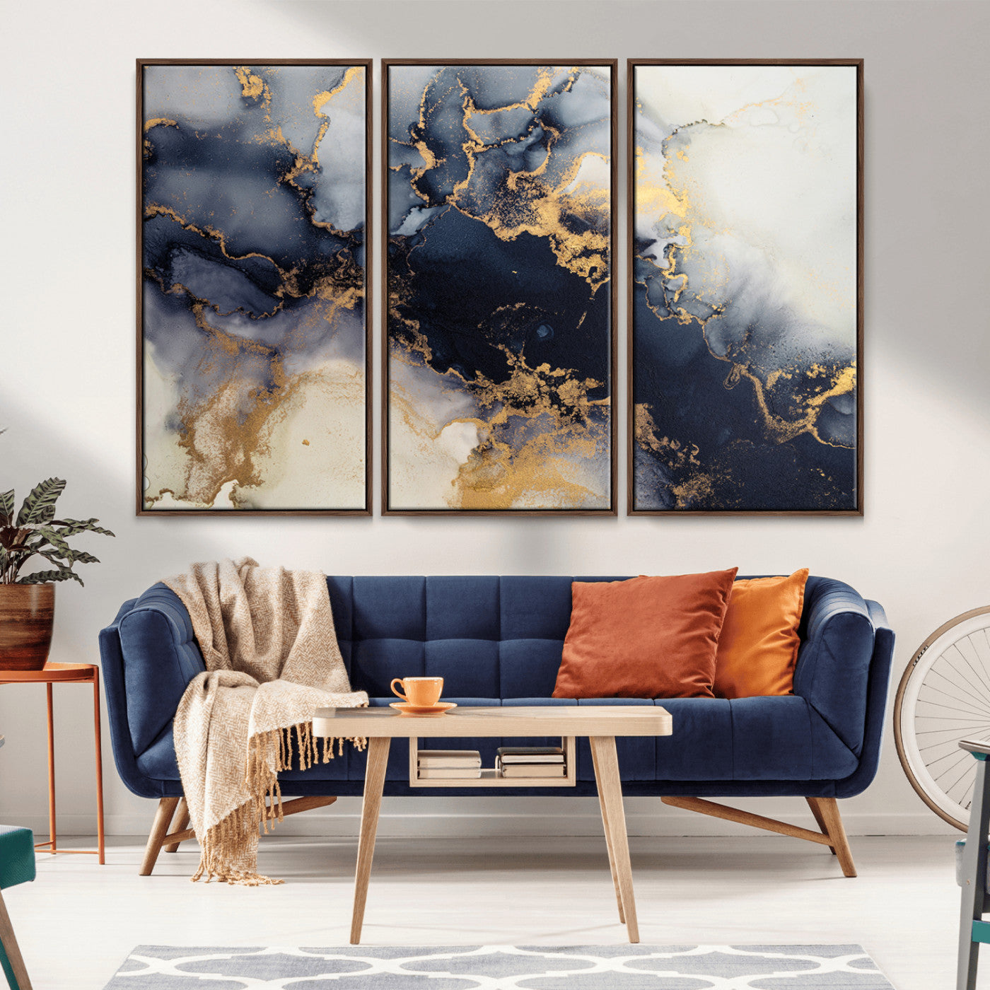 41136487-MGV-FC-48X32-3P_Walnut-Black Marble Wall Art Canvas Print – Framed Abstract Gold Veins Elegant Luxury Design Decor for Home, Office