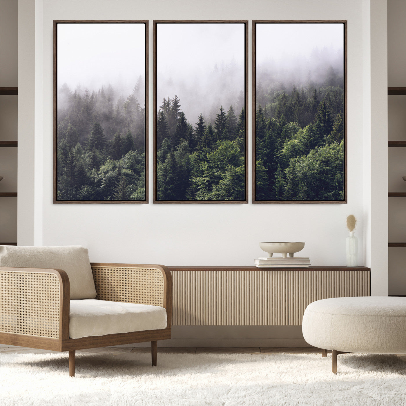 62890402-MGV-FC-48X32-3P-Misty Forest Wall Art Canvas Print, Framed Foggy Pines Art Picture Print, Pine Valley Perfect Moody