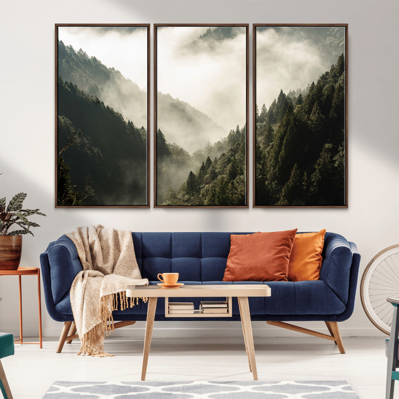 Canvas showing a misty pine forest valley with layered green hills and soft fog, perfect for moody or nature-themed decor styles.