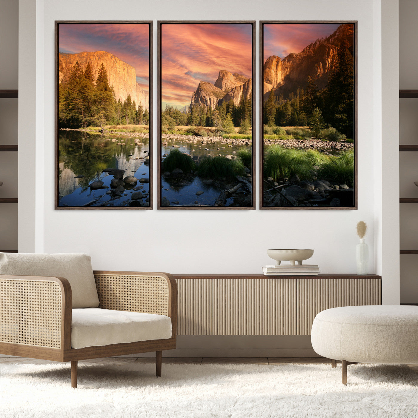 31199457-MGV-FC-48X32-3P-Yosemite Valley Canvas Wall Art, Framed El Capitan Art Picture Print, Sunset Sky Perfect Vibrant