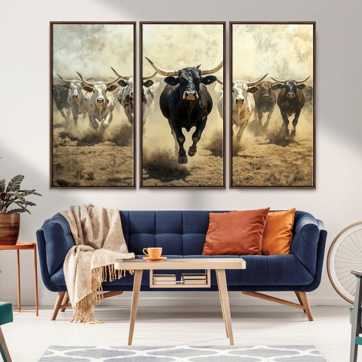 Dynamic canvas showing a Texas Longhorn stampede with earthy tones and bold movement, perfect for rustic or Western-style interiors.
