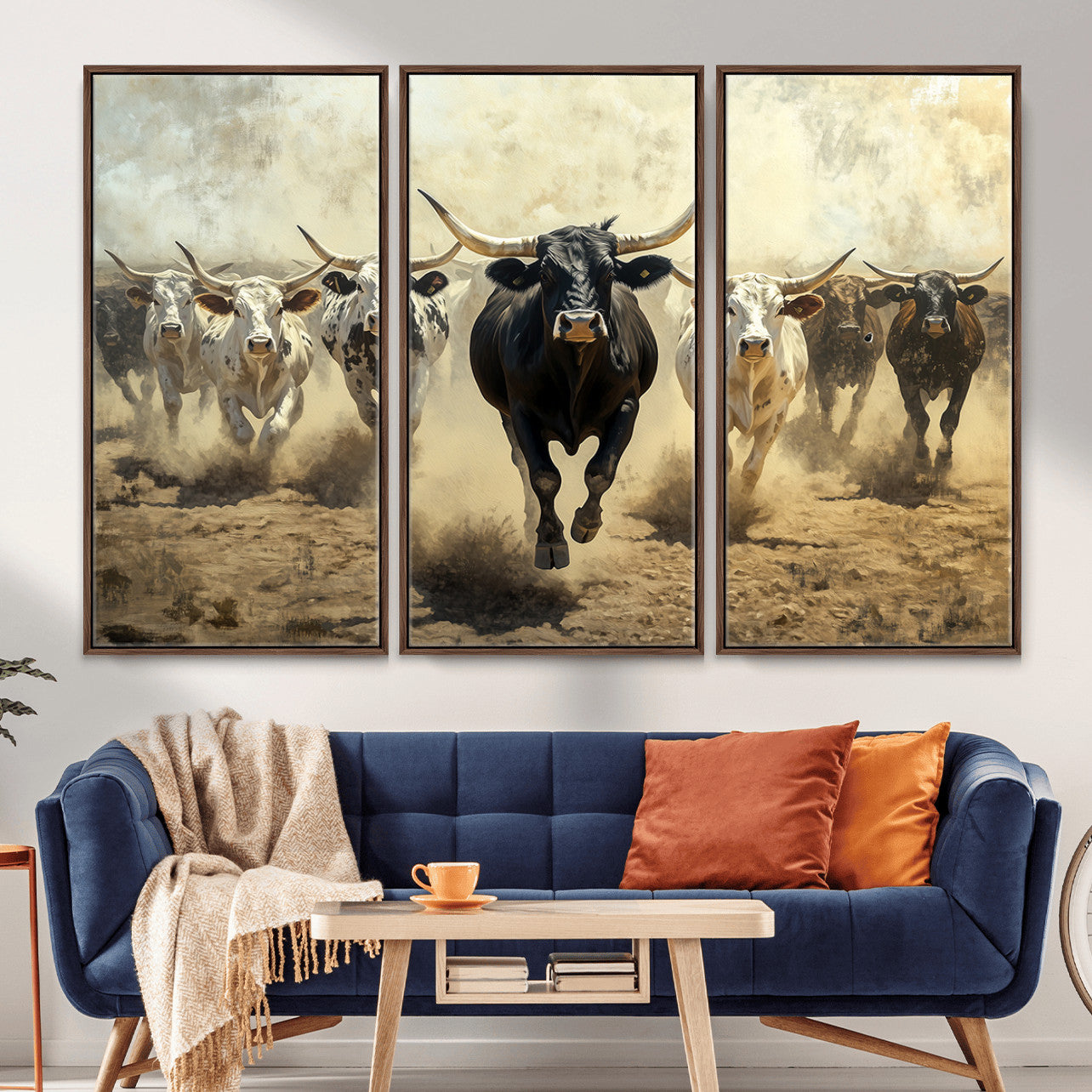 MGV-FC-48X32-3P - Running Cattle Wall Art – Canvas Print of Western Herd, Dust Stampede, Longhorns, Wild West Ranch, Bold Rustic Farm Decor for Home or Office