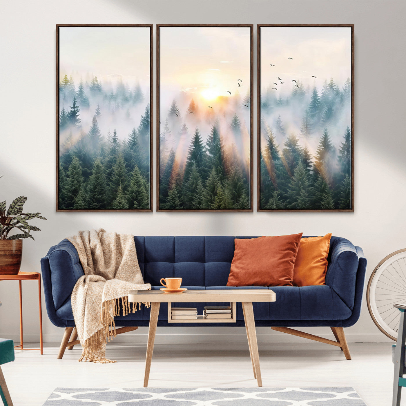 92718976-MGV-CV-36X24-Misty Pine Forest Wall Art Canvas, Sunrise Over Foggy Trees Canvas for Home - Office, Framed