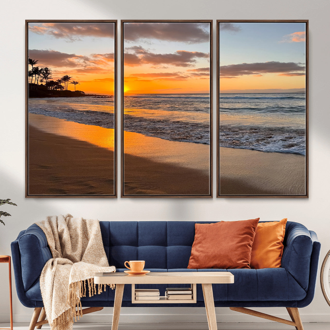 MGV-FC-48X32-3P - Sunset Glow Wall Art – Canvas Print of Ocean Breeze, Golden Sand, Tropical Palm Silhouettes, Tranquil Waves, Beach Nature Decor for Home