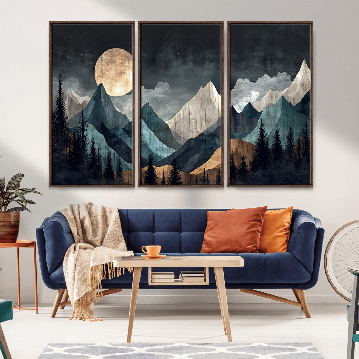 11060882-MGV-CV-36X24-Moonlit Mountain Wall Art Canvas Print – Silhouetted Pines Layered Peaks Tranquil Sky Mist Silver Light Nature Artwork for Home