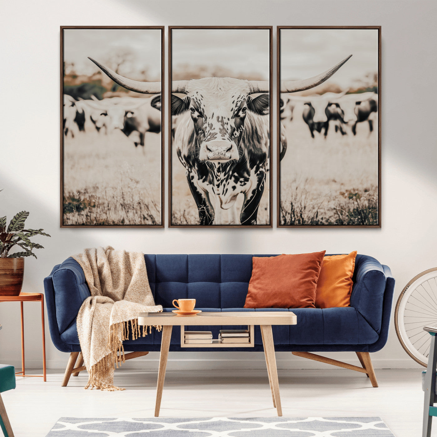 27497342-MGV-CV-36X24-Texas Longhorn Wall Art Canvas Print – Framed Speckled Bull Horned Cattle Rustic Western Artwork for Home Office