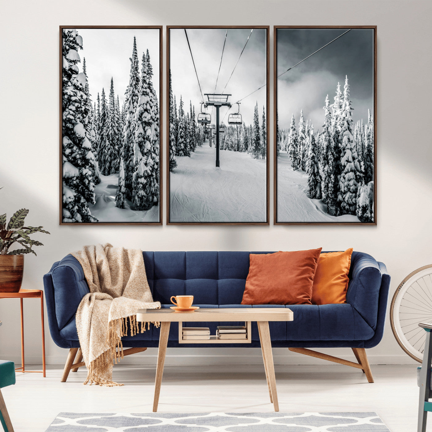 31156828-MGV-CV-36X24-Snowy Pines Wall Art Canvas Print – Framed Ski Lift Winter Forest Snowy Landscape Moody Lodge Artwork for Home, Office