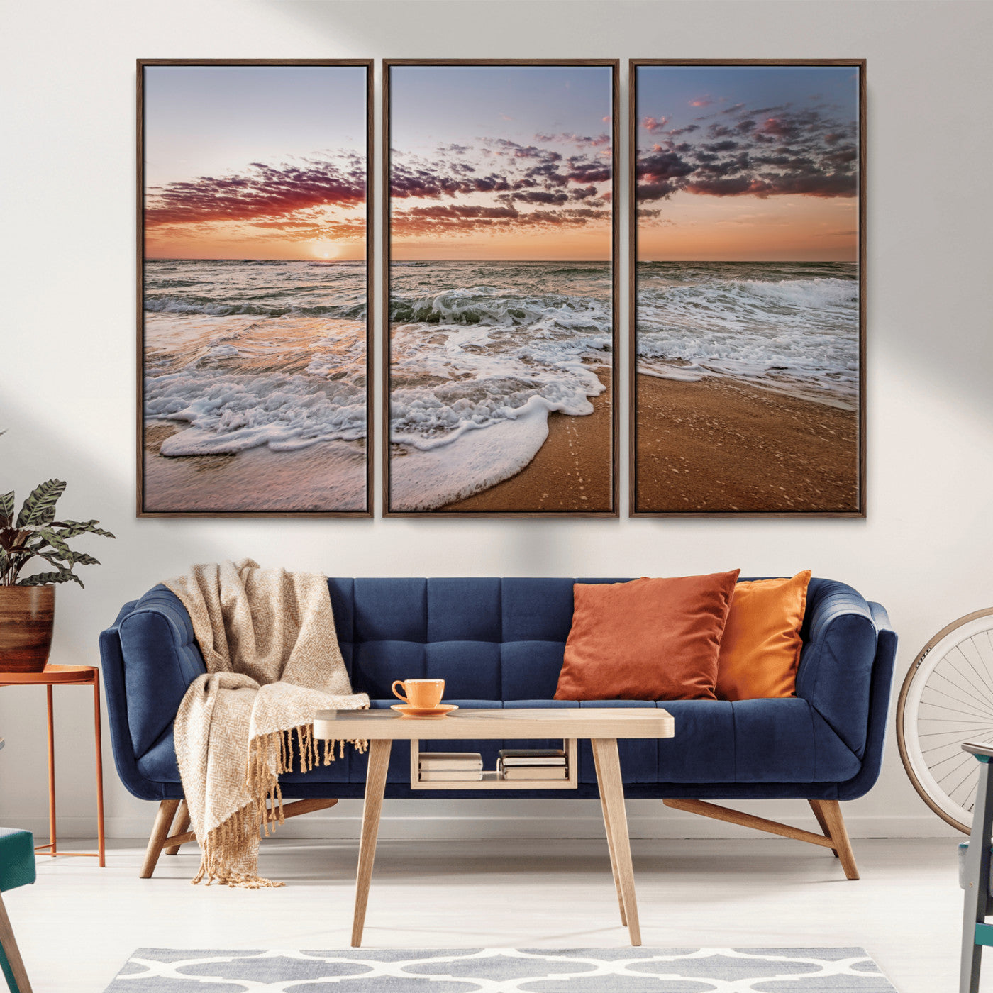 39846389-MGV-CV-36X24-Ocean Sunset Wall Art Canvas Print – Framed Sandy Shore Gentle Waves Coastal Landscape Minimalist Artwork for Home, Office