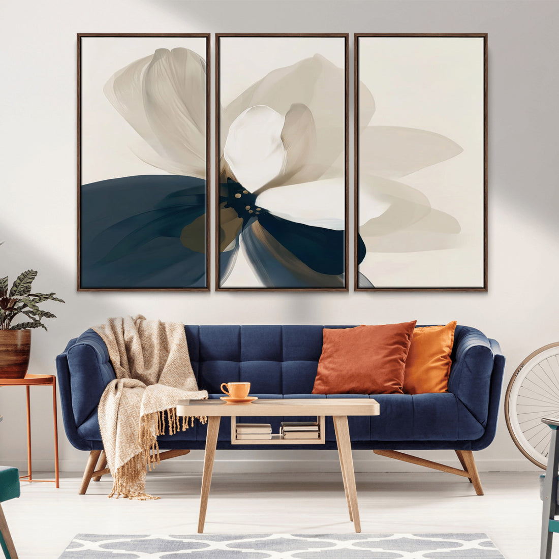 Minimal Flower Wall Art Canvas Print | Framed Beige and Navy Bloom