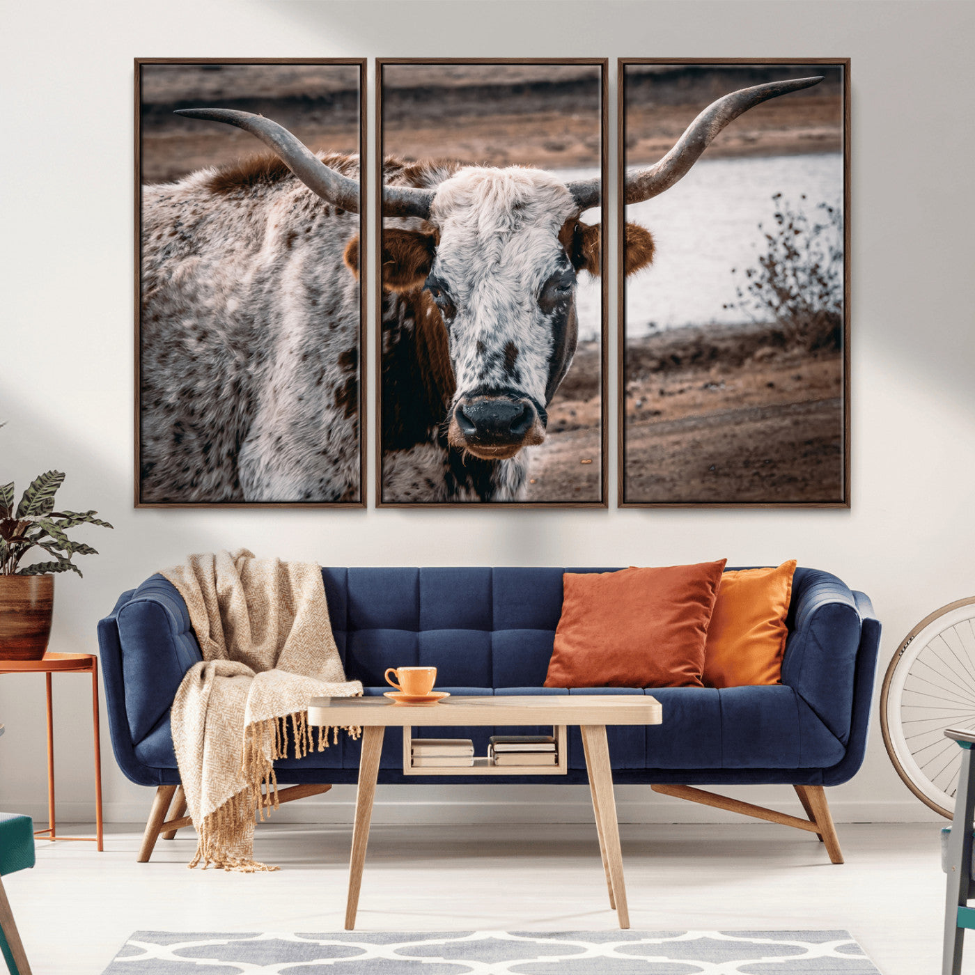 -Texas Longhorn Wall Art Canvas Print, Framed Spotted Cow Art Picture Print, Horned Cattle Perfect Rustic Western Decor Artwork