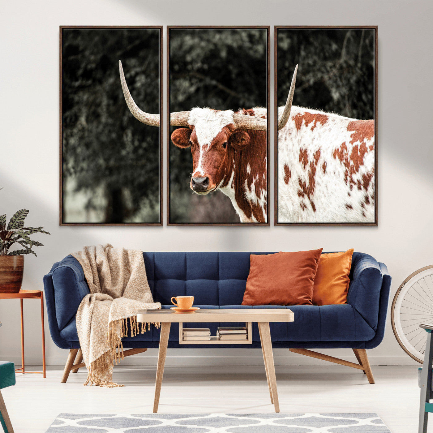 -Texas Longhorn Wall Art Canvas Print, Framed Spotted Cow Art Picture Print, Horned Bull Perfect Rustic Western Decor Artwork