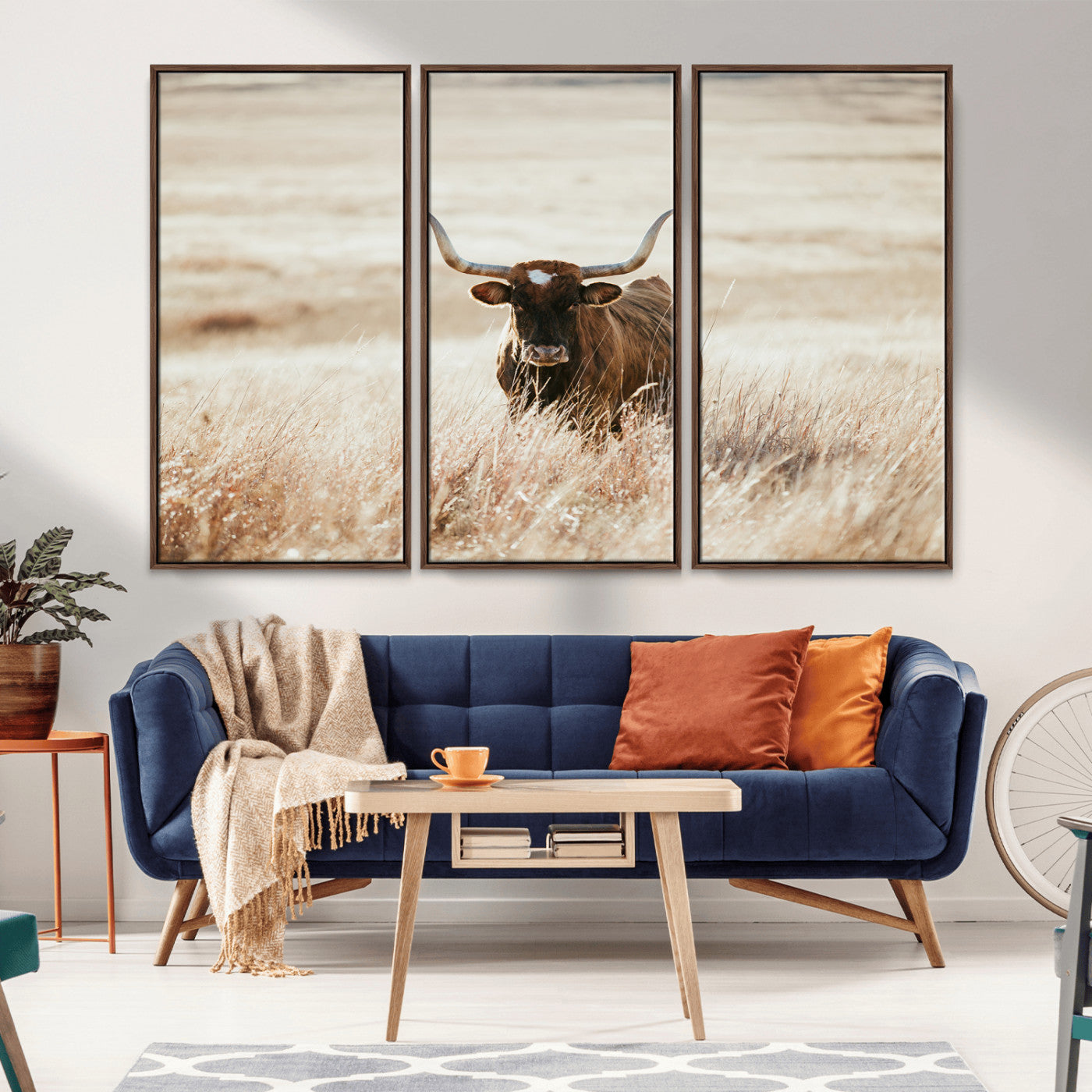 -Texas Longhorn Wall Art Canvas Print, Framed Brown Cattle Art Picture Print, Horned Bull Perfect Rustic Western Decor Artwork
