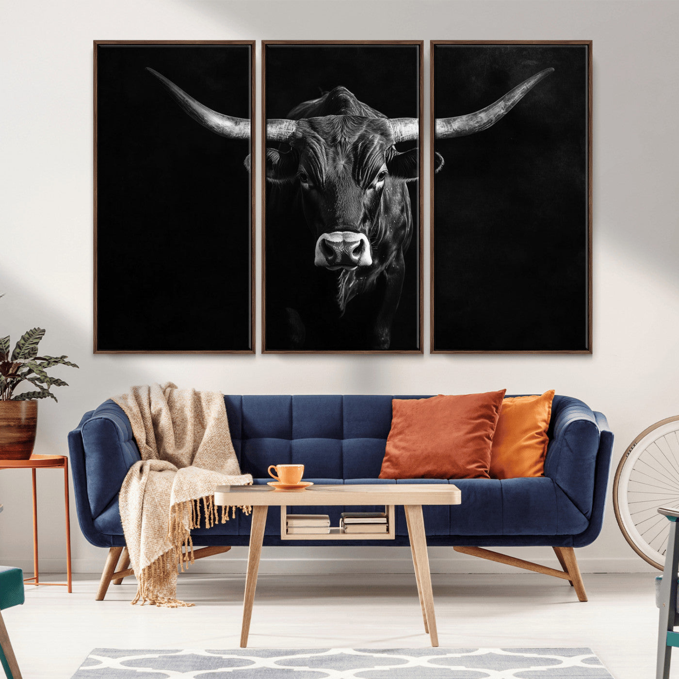 -Texas Longhorn Wall Art Canvas Print, Framed Monochrome Bull Art Picture Print, Horned Bull Perfect Rustic Western Decor Artwork
