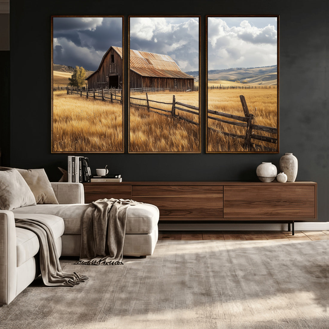 Rustic Barn Wall Art Canvas Print, Framed Moody Barn Golden Field Farmhouse Art