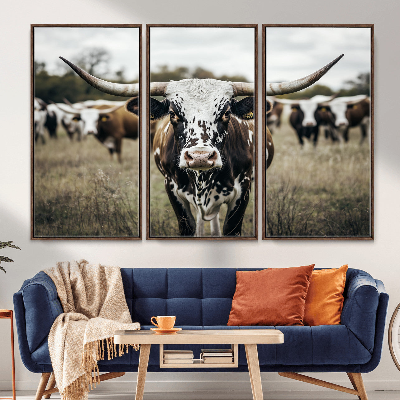 MGV-FC-48X32-3P - Majestic Longhorn Cow Wall Art – Canvas Print of Intricate Fur & Sharp Horns Earthy Tones Serene Landscape, Rustic Charm Decor for Living Room, Office or Bedroom