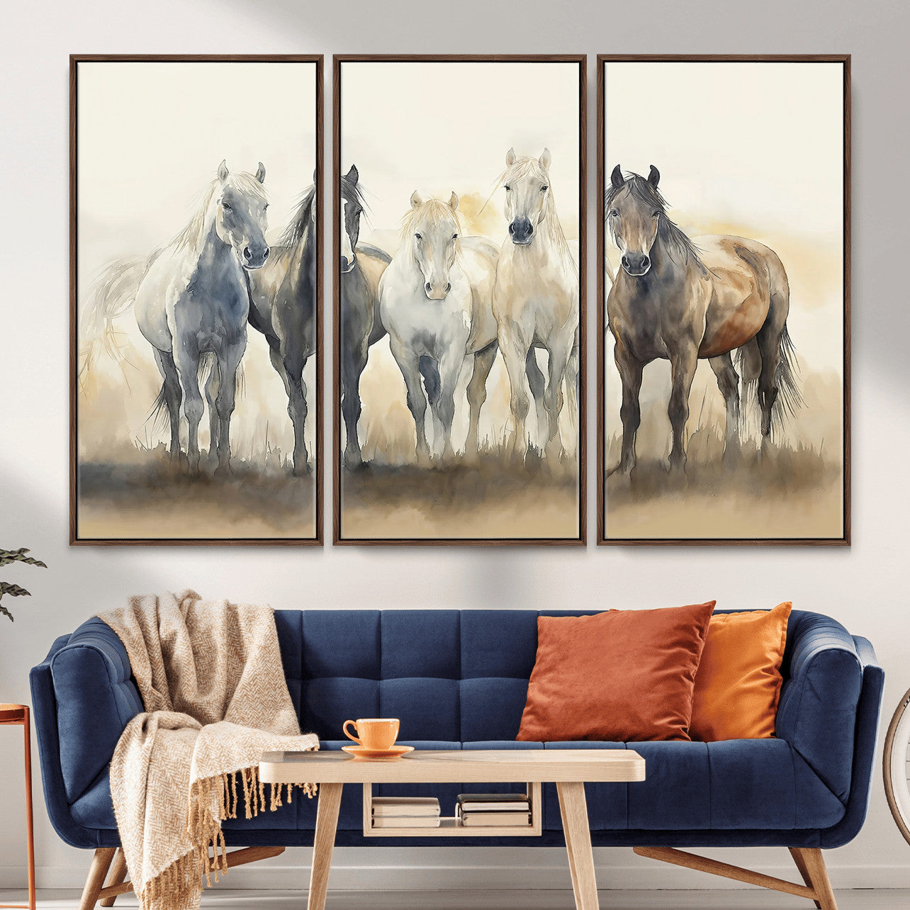 MGV-FC-48X32-3P - Wild Horses Wall Art Canvas Print, Framed Running Horses Art Picture Print, Watercolor Horses Perfect Rustic Western Decor Artwork