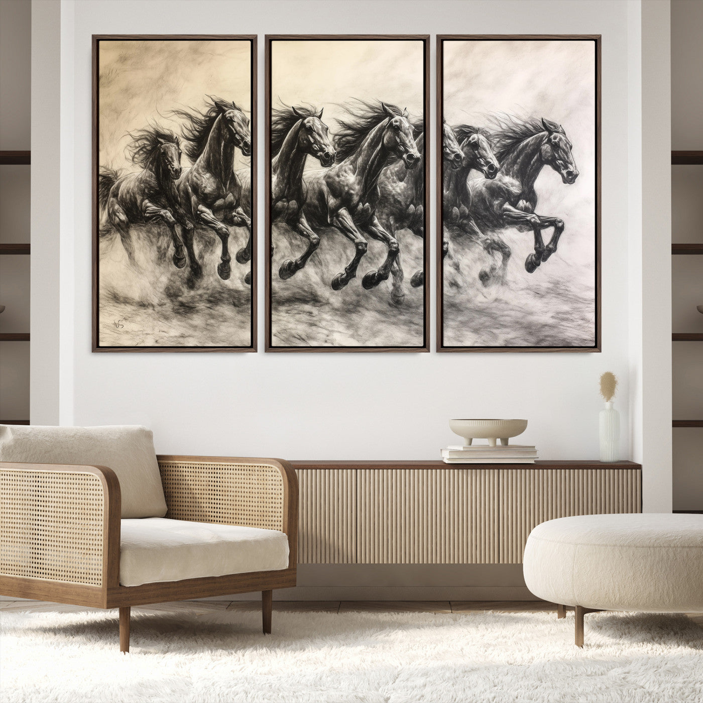 56089591-MGV-FC-48X32-3P-Galloping Horses Wall Art Canvas Print, Framed Wild Stallions Art Picture Print, Horse Herd Sketch
