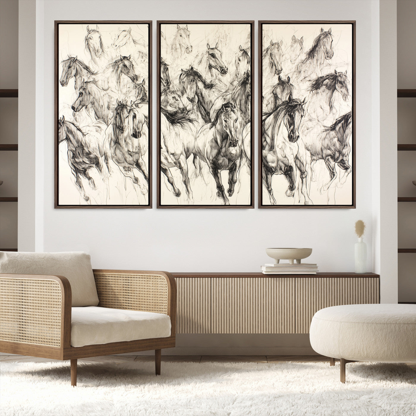 19433417-MGV-FC-48X32-3P-Running Horses Wall Art Canvas Print – Framed Galloping Herd Dynamic Equestrian Sketch Nature Artwork for Home Office