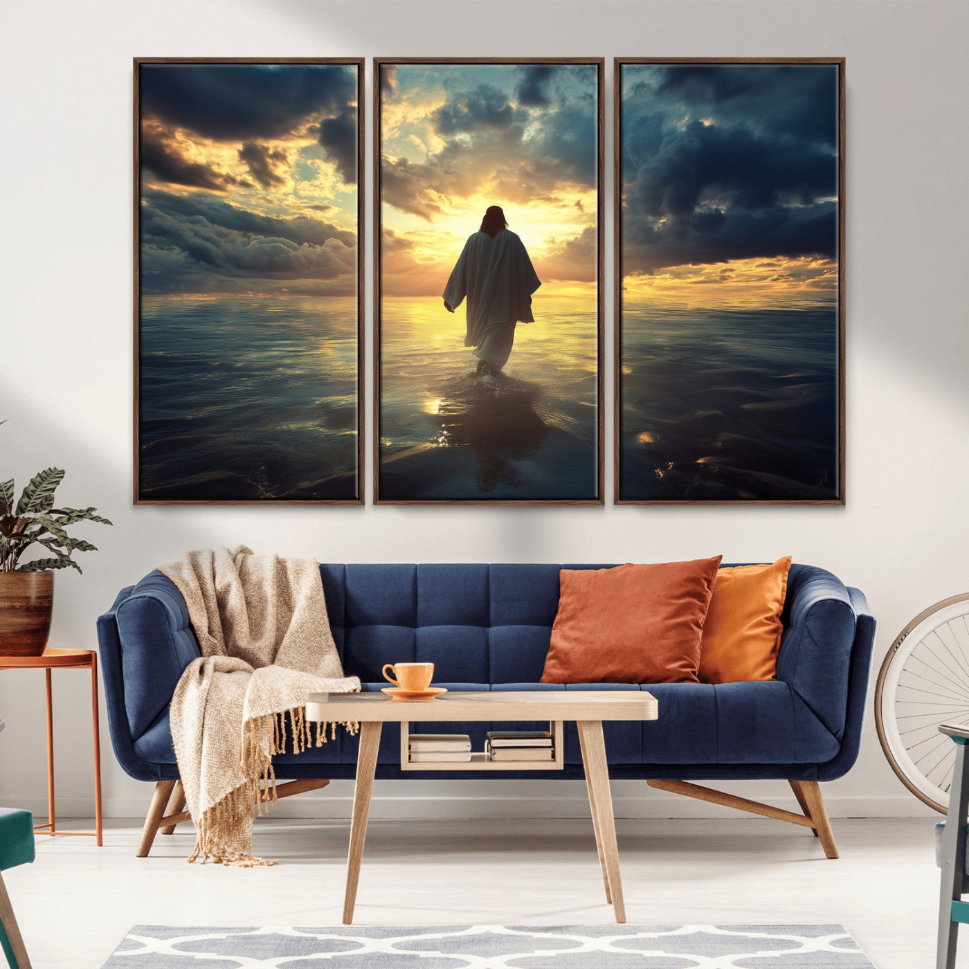 -Jesus Walks Wall Art Canvas Print Framed Divine Sunset Art Spiritual Light Print for Home, Office, Living Room