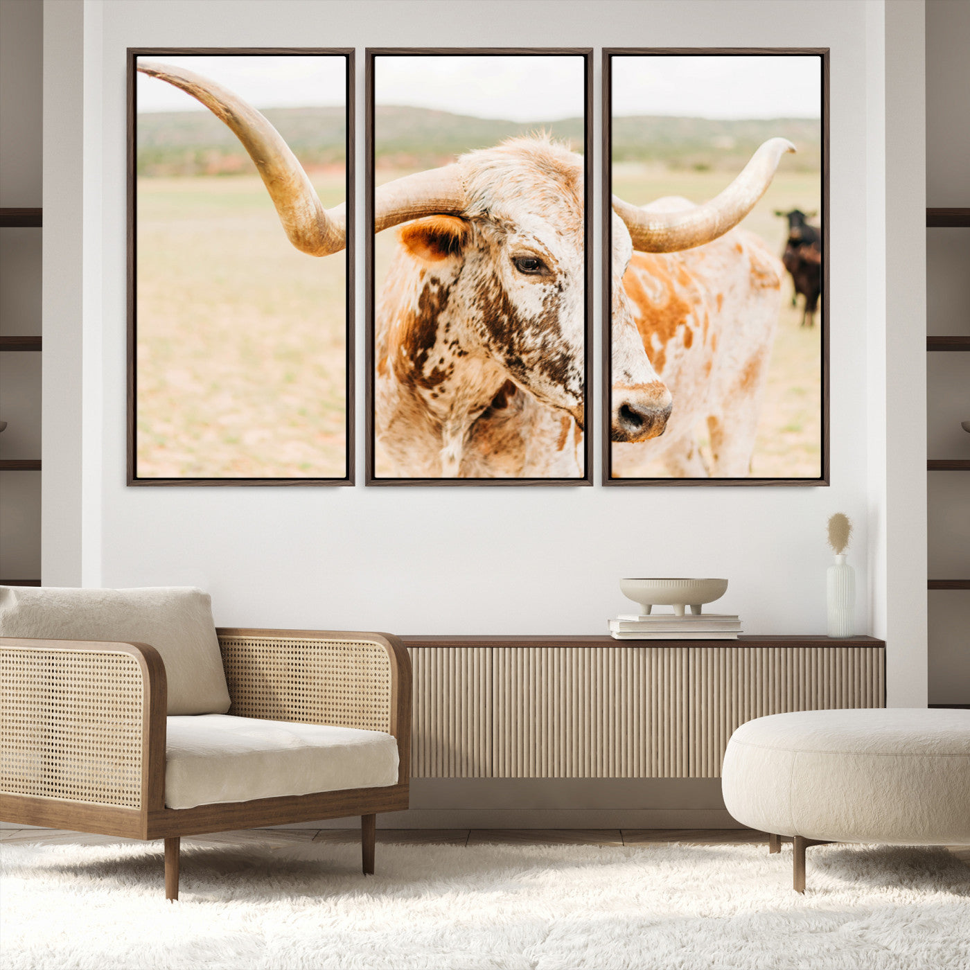 21060648-MGV-FC-48X32-3P-Texas Longhorn Wall Art Canvas Print, Framed Speckled Cow Art Picture Print, Rustic Bull Perfect