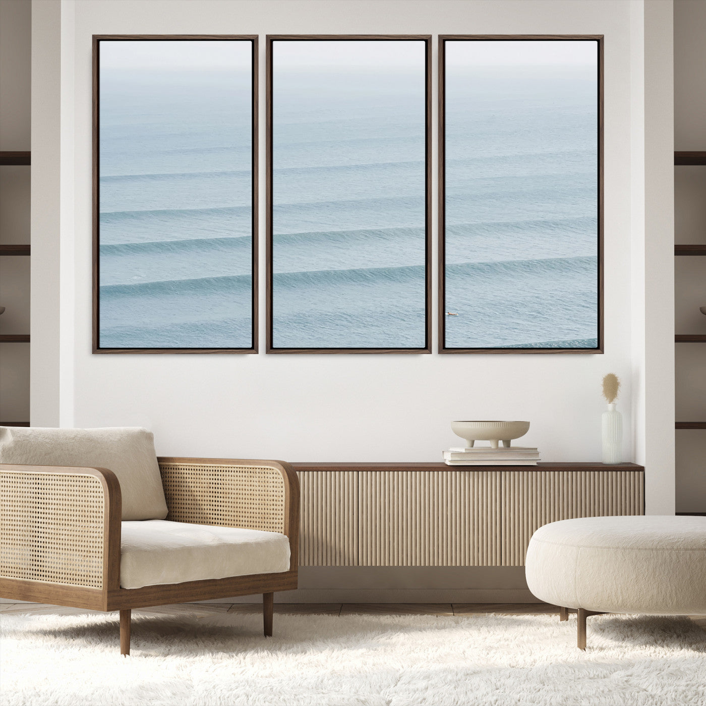 47814787-MGV-FC-48X32-3P-Ocean Waves Wall Art Canvas Print, Framed Solo Surfer Art Picture Print, Wave Lines Perfect