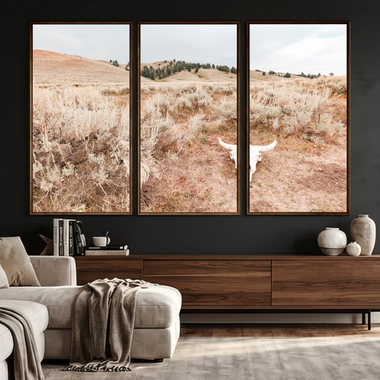 97234735-MGV-CV-36X24 - Desert Skull Wall Art – Arid Landscape & Sagebrush Canvas Print, Rustic Nature and Earth Tones for Living Room or Minimalist Decor