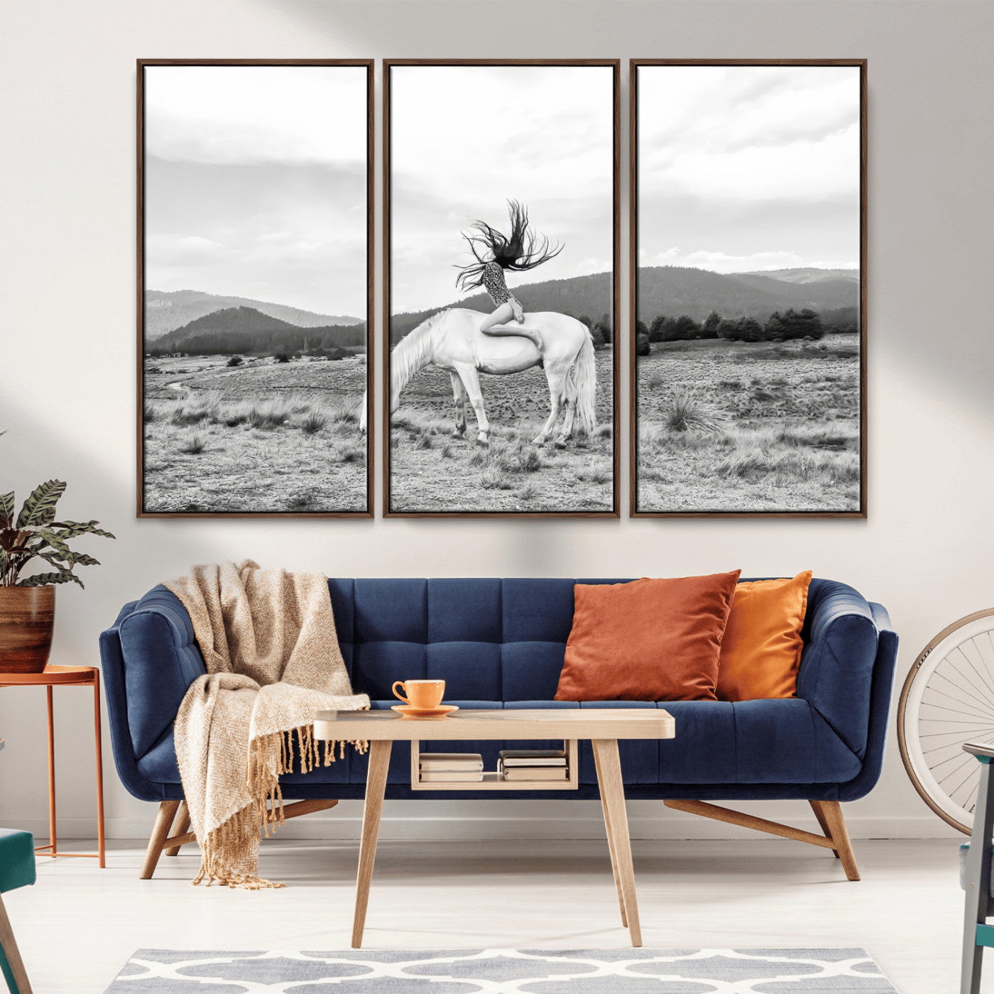 -White Horse Wall Art Canvas Print, Framed Woman Rider Art Picture Print, Equestrian Pose Perfect Western Boho Decor Artwork