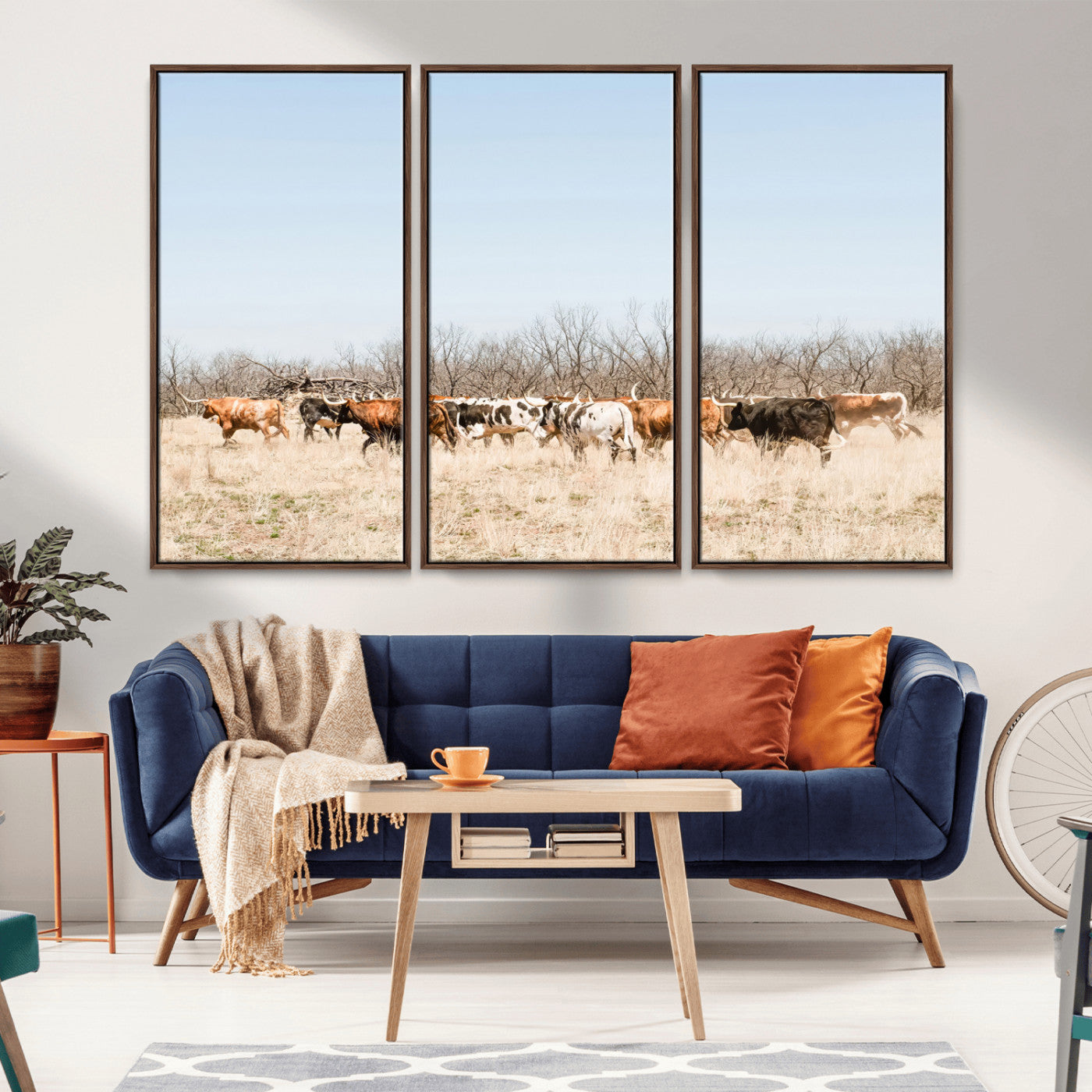 16563092-MGV-CV-36X24-Texas Longhorns Wall Art Canvas Print – Framed Western Cattle Rustic Herd Farmhouse Country Animal Artwork for Home Office
